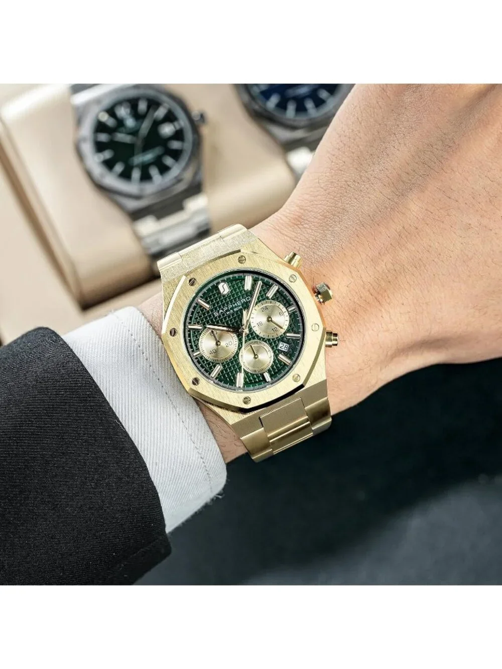 Men's Gold Green Chronograph Quartz Movement Stainless Steel Luxury Wrist Watch